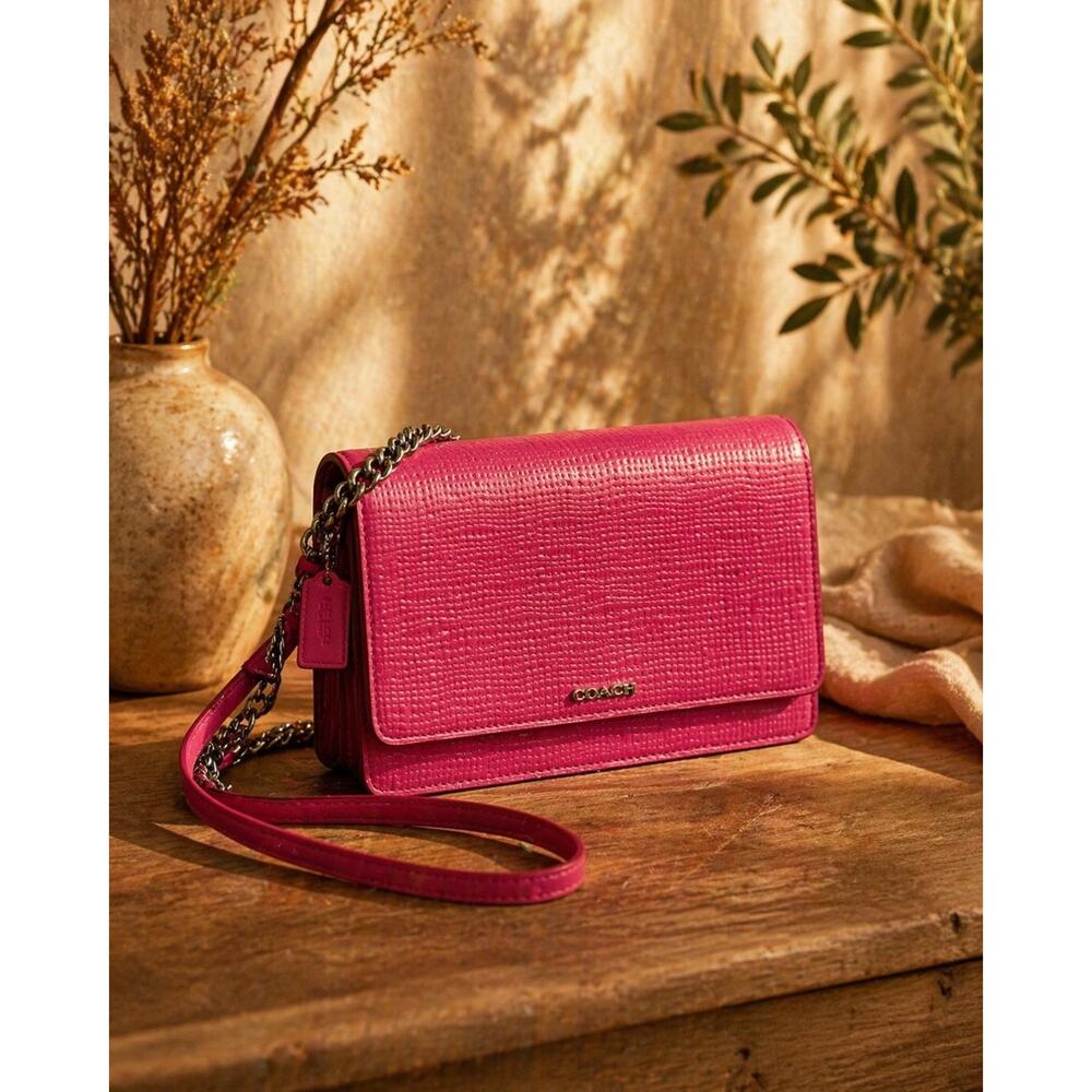 Coach Madison Pink Ruby Embossed Leather Crossbody Wallet Chain Strap Bag Chic